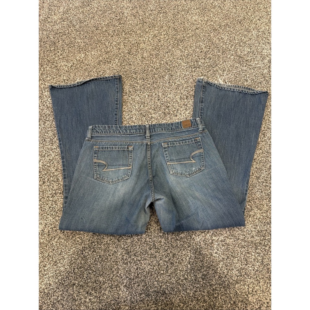 American Eagle Jeans Womens 10 Blue Real Flare Low Rise Stretch Denim Distressed